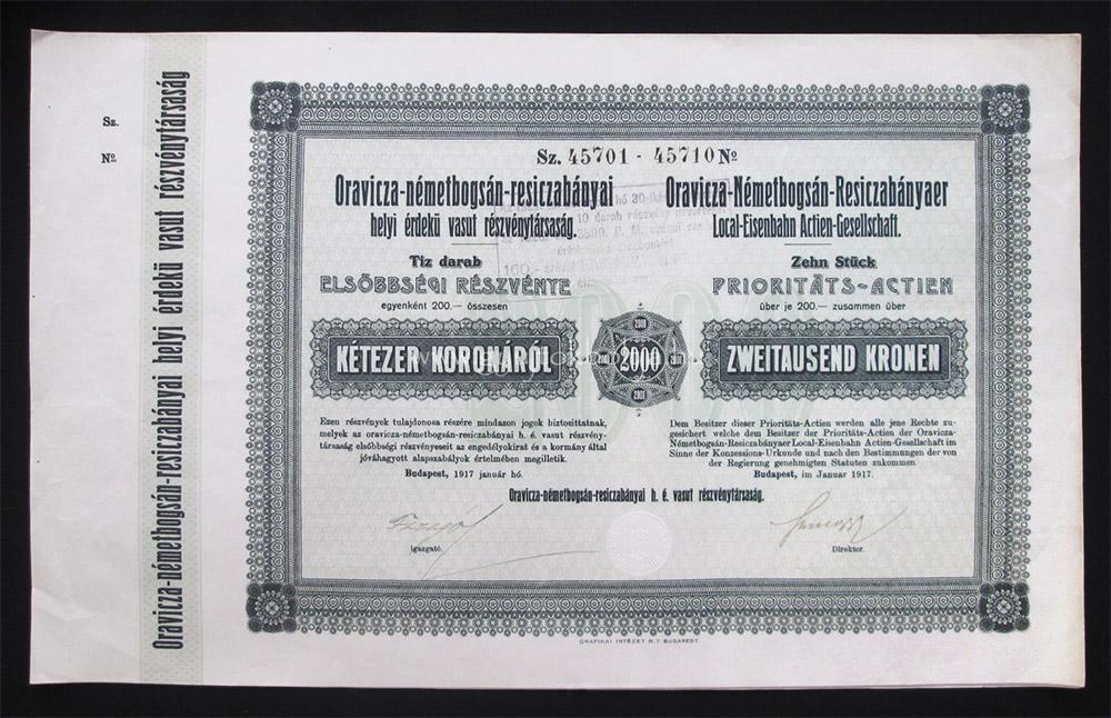 Oravicza-Nmetbogsn-Resiczabnyai Helyi rdek Vast elsbbsgi rszvny 10x200 korona 1917 (ROU)